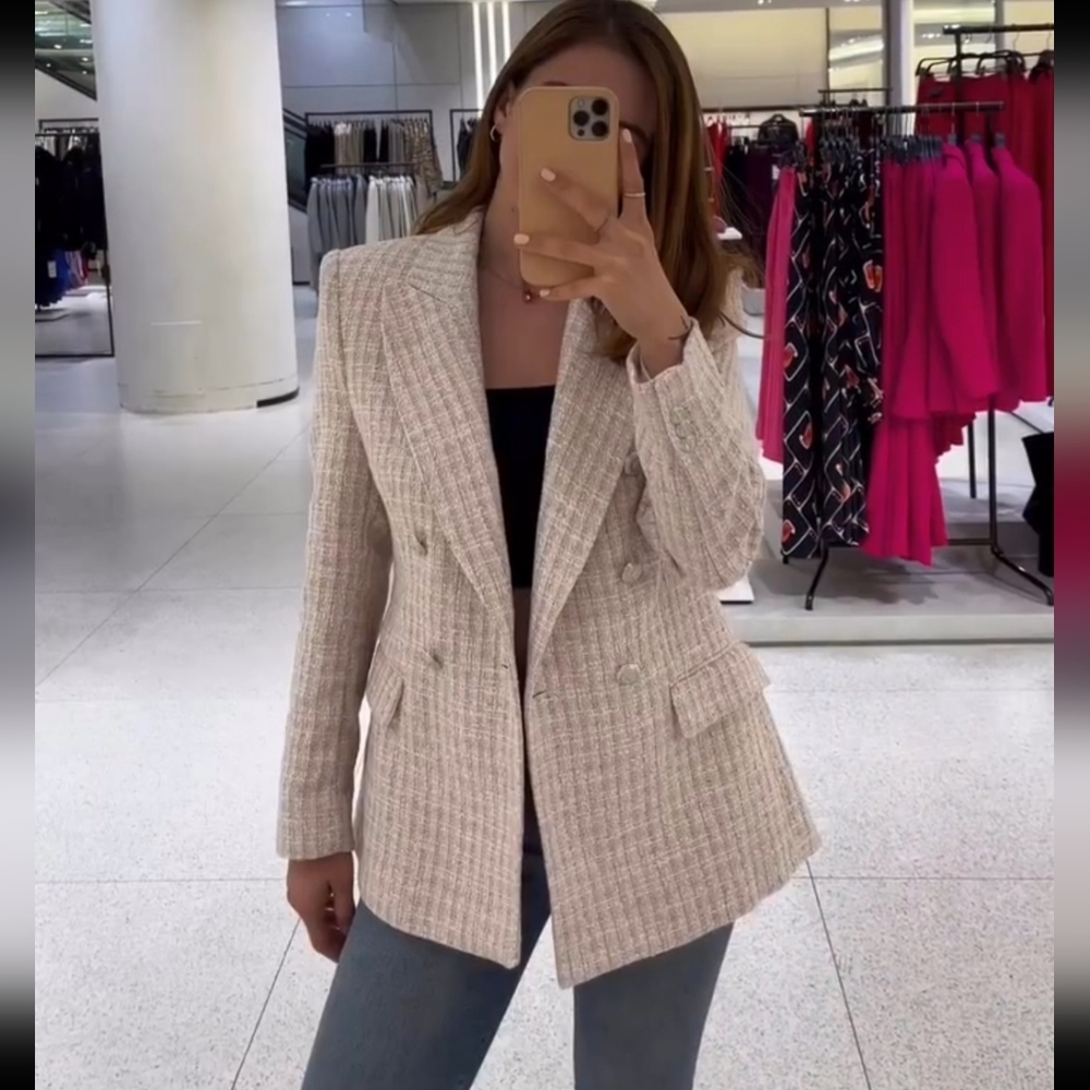 Zara Pink Tweed Double-Breasted Blazer - Picture 5 of 14